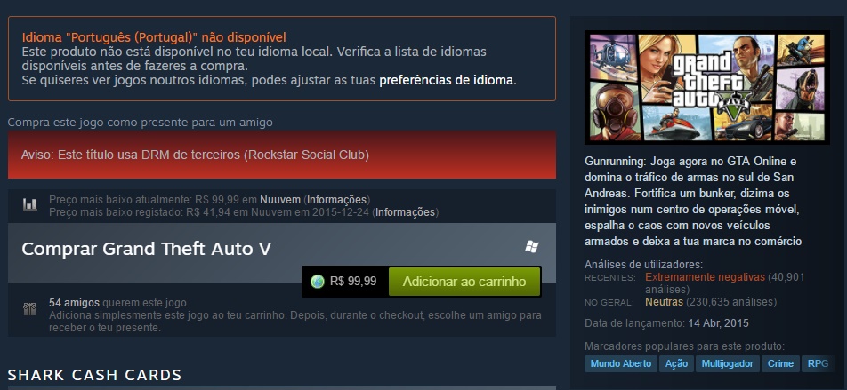 GTA IV deixou de estar disponível para compra na Steam