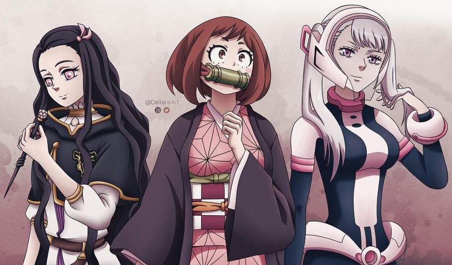 Artista reimagina Nezuko, Uraraka e Noelle com a suas roupas trocadas