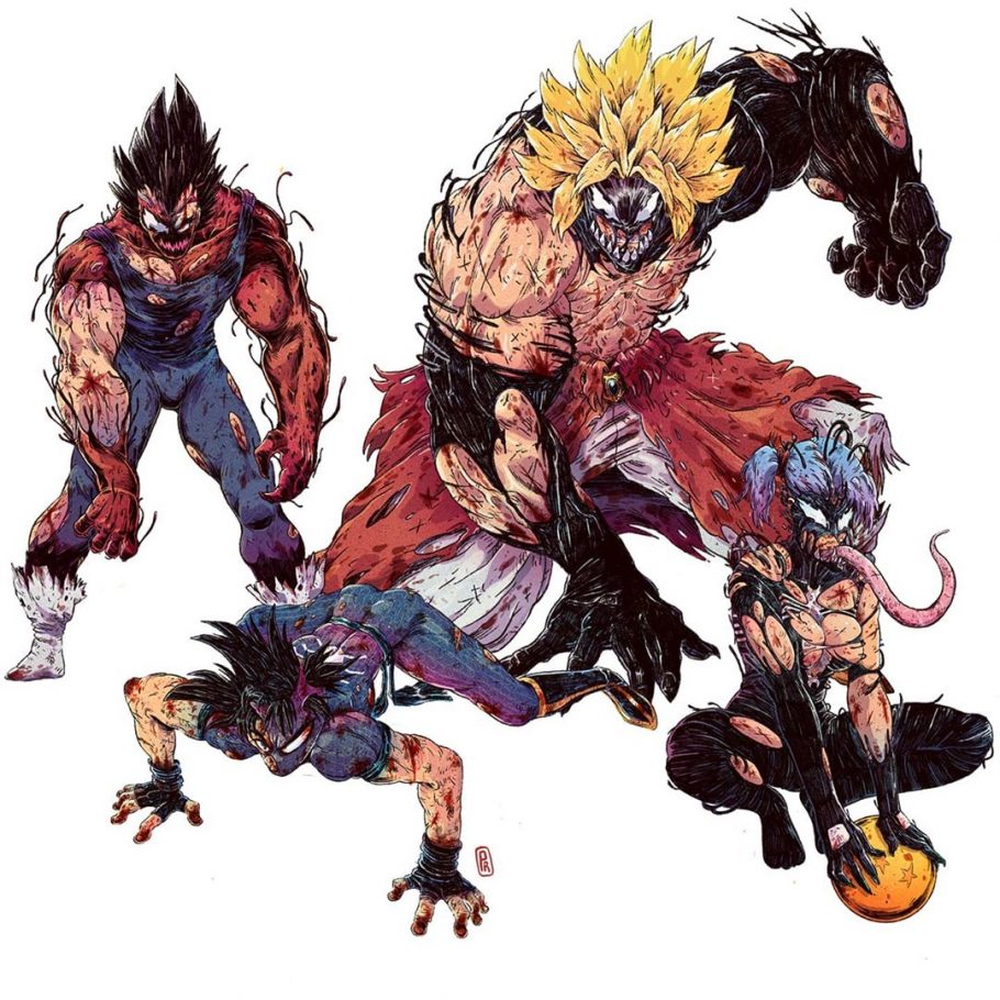 Artista reimagina personagens de Dragon Ball Z fundidos com Venom