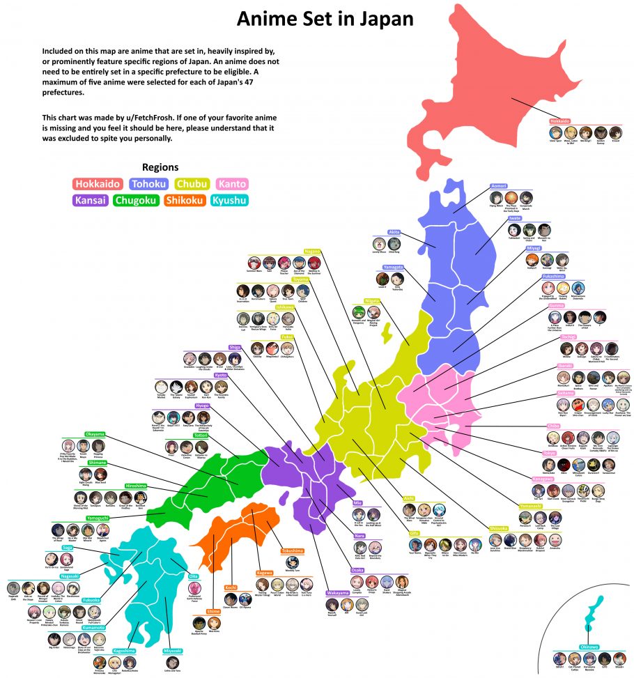 Este mapa do Japão mostra vários animes que se passam em cada região do país