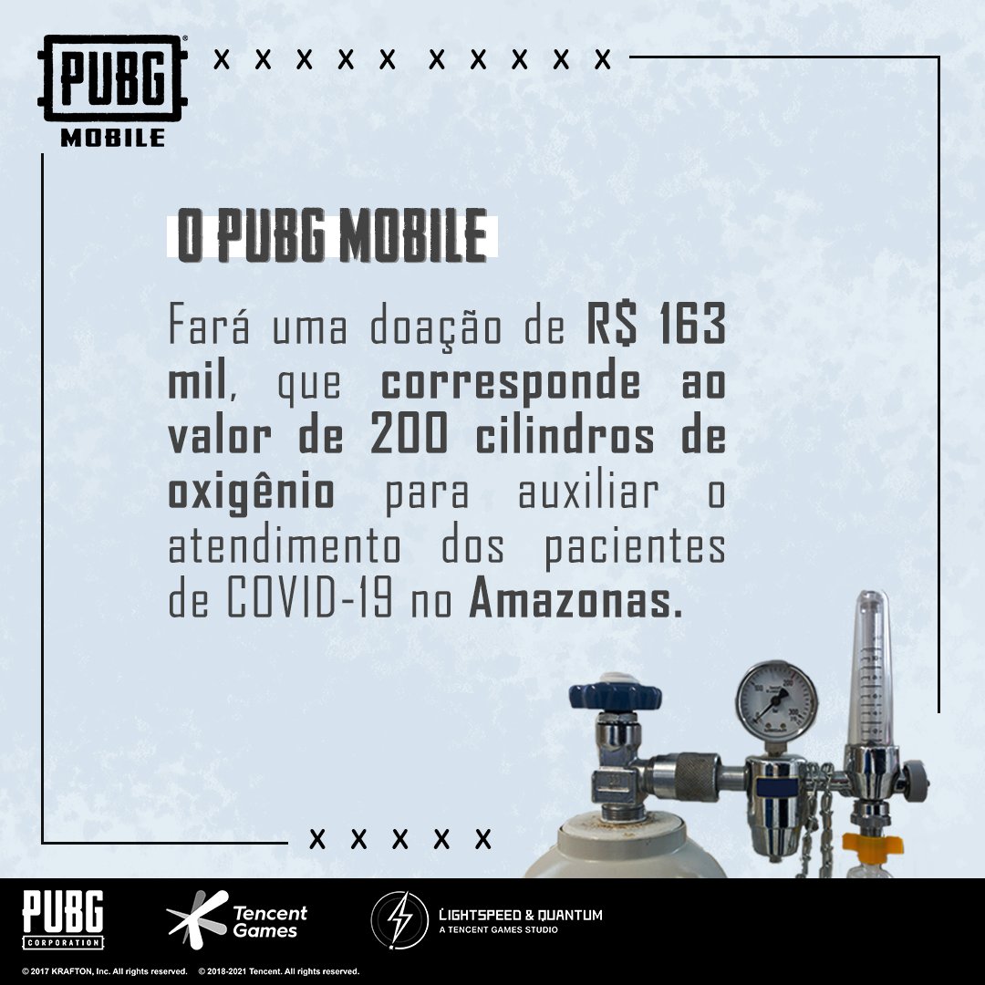 PUBG Mobile doa R$ 163 mil para ajudar na compra cilindros de oxigênio para o Amazonas