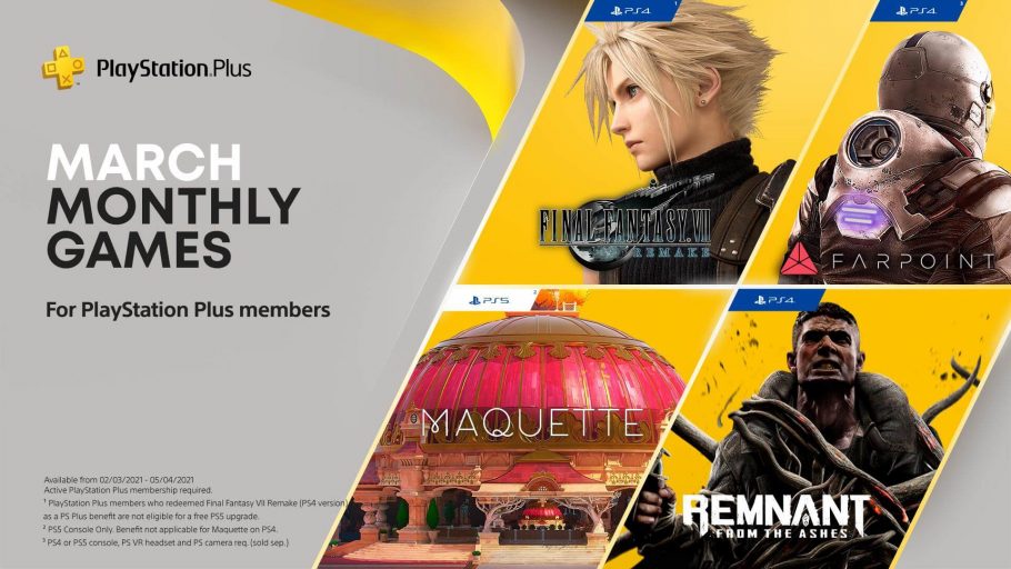 PlayStation Plus de Março conta com Final Fantasy 7 Remake e mais 3 jogos