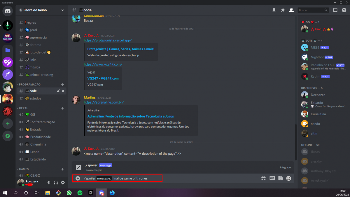 Como definir uma mensagem de texto e imagem como spoiler no Discord