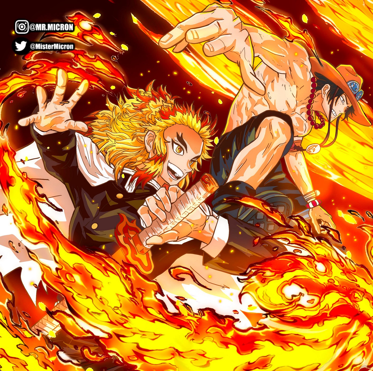 Fã de Demon Slayer fez um crossover incrível entre Rengoku e Ace de One Piece