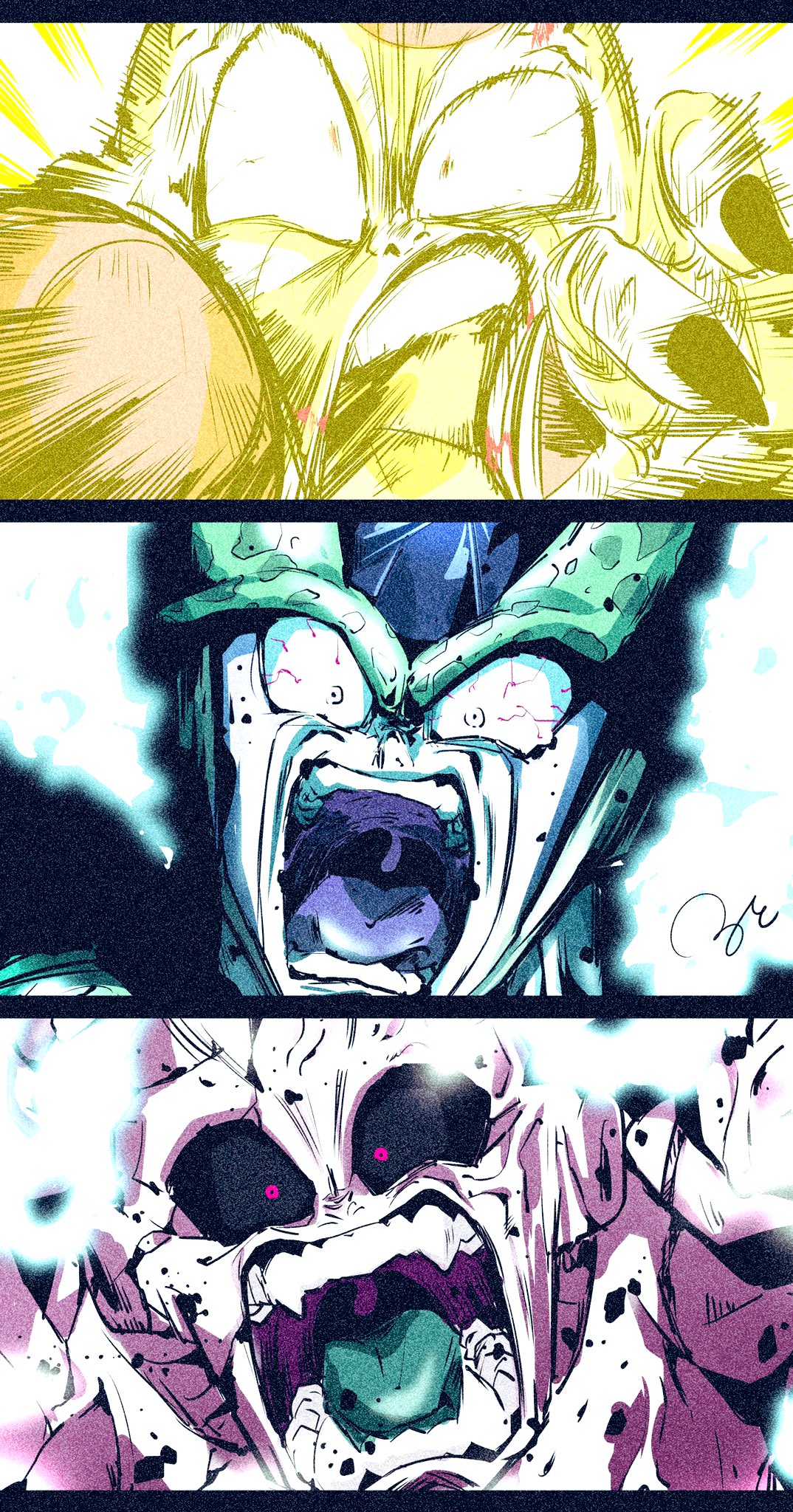 Fã de Dragon Ball fez ilustrações épicas do momento em que Freeza, Cell e Kid Boo são derrotados