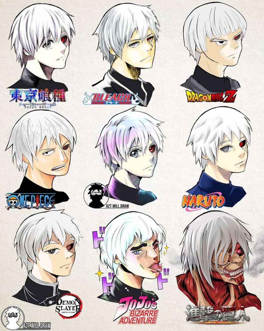 Confira como ficaria o Kaneki de Tokyo Ghoul em 9 estilos de animes diferentes