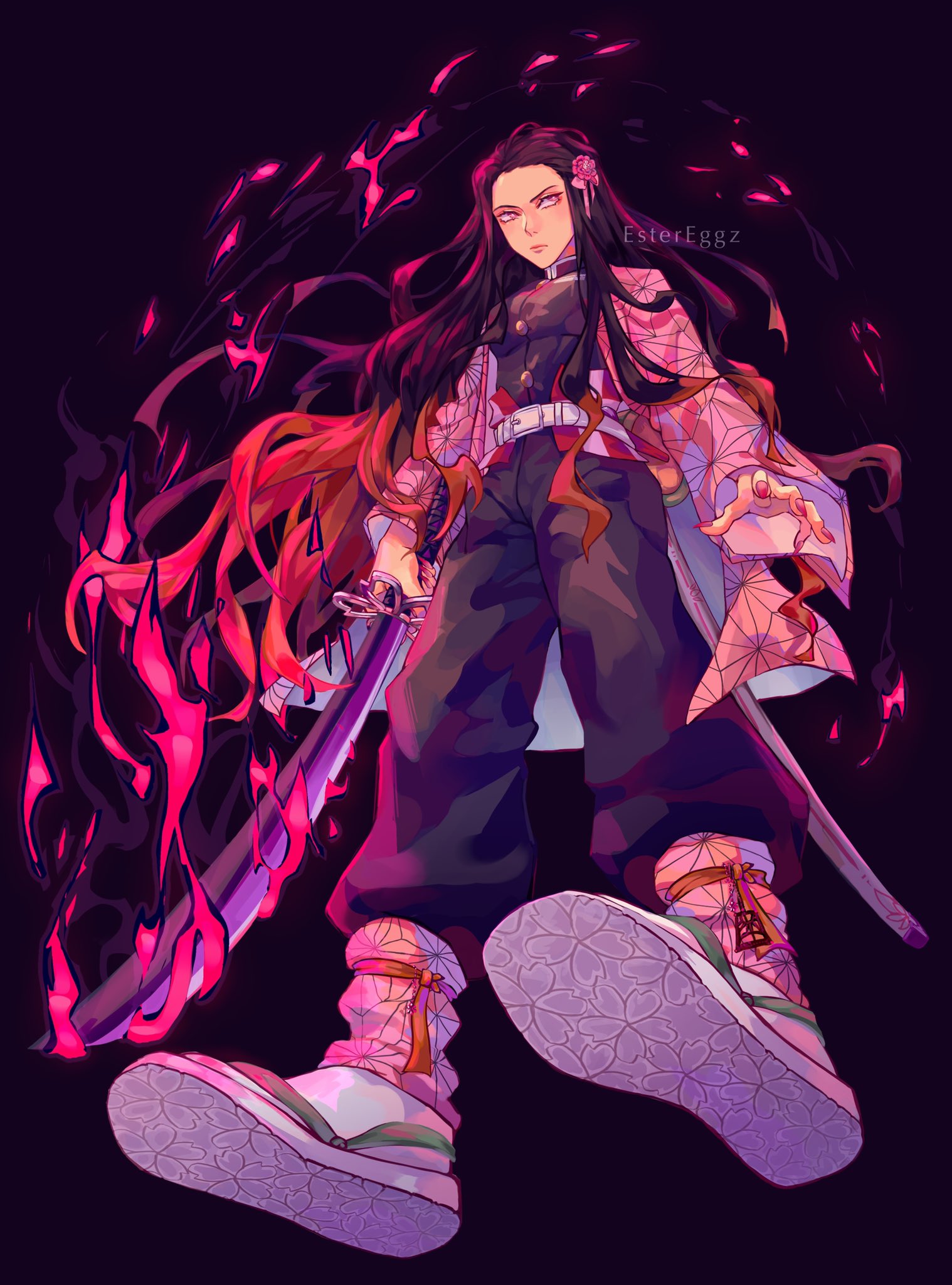 Ilustração de Demon Slayer imagina Nezuko como uma espadachim