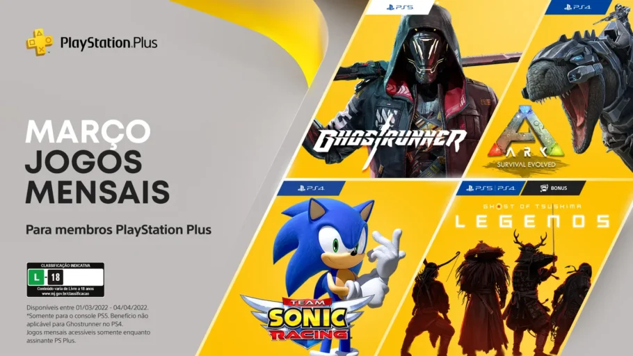 Playstation Plus de março de 2022 inclui Ark: Survival Evolved, Team Sonic Racing e mais