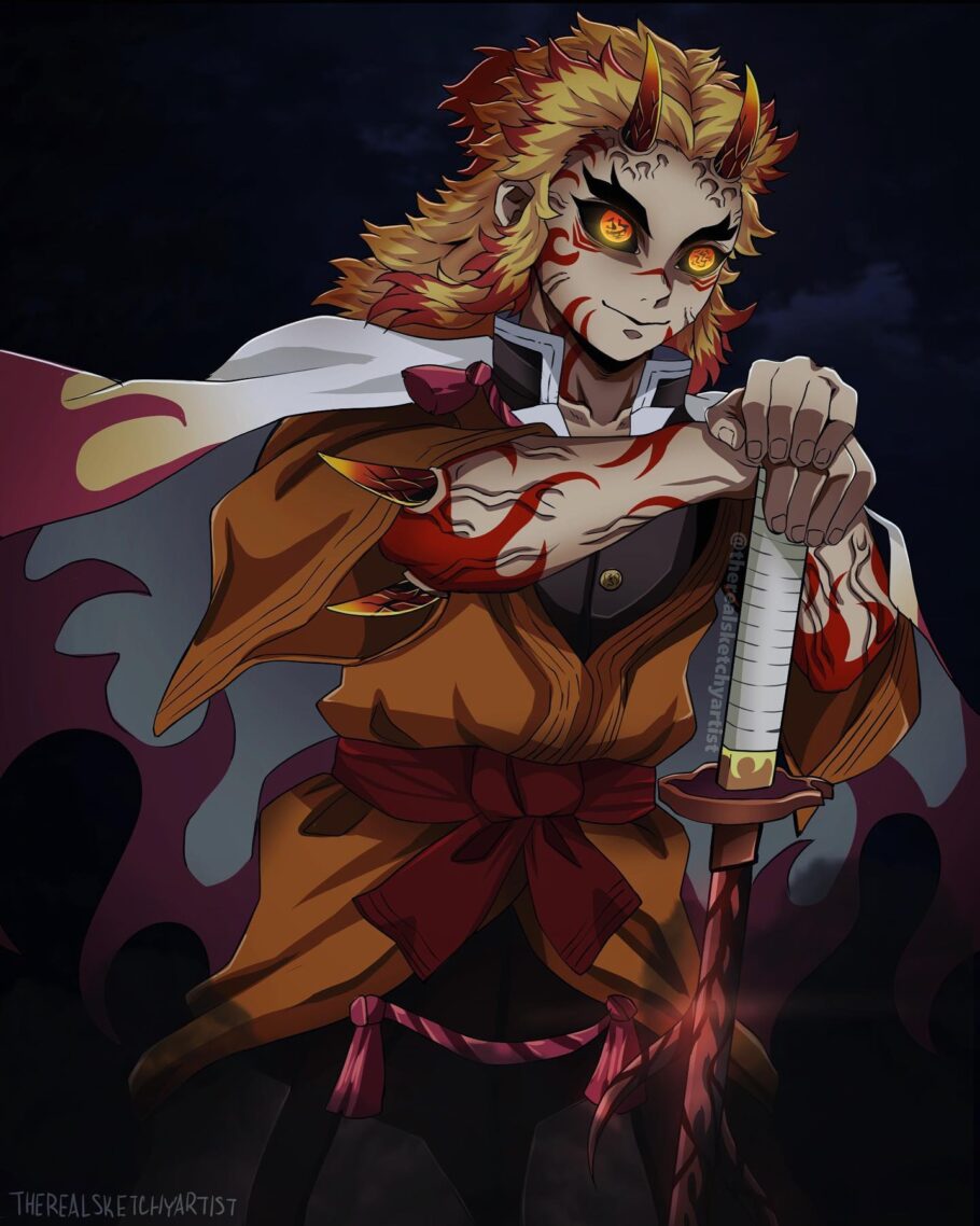 Este seria o visual do Rengoku de Demon Slayer se ele fosse um Oni