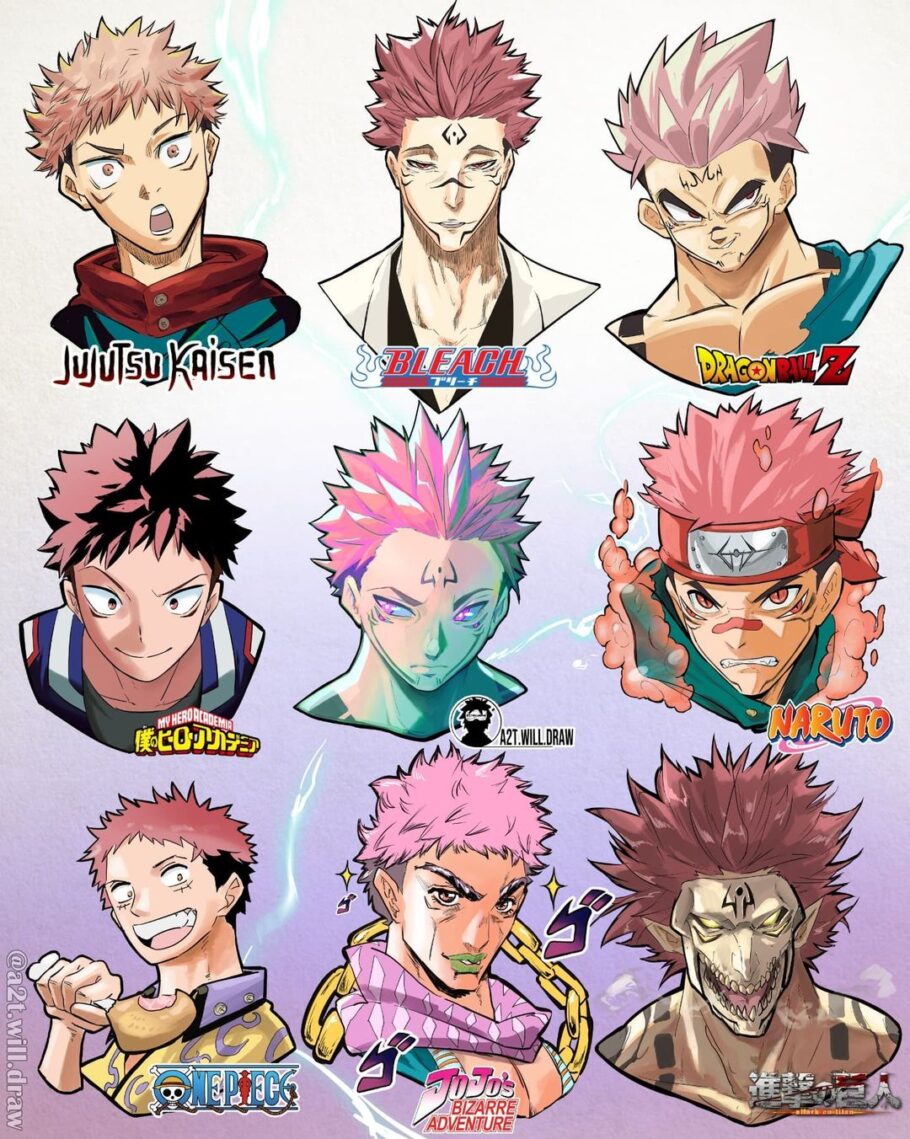 Fã imaginou como seria o visual do Yuji de Jujutsu Kaisen em 9 animes diferentes