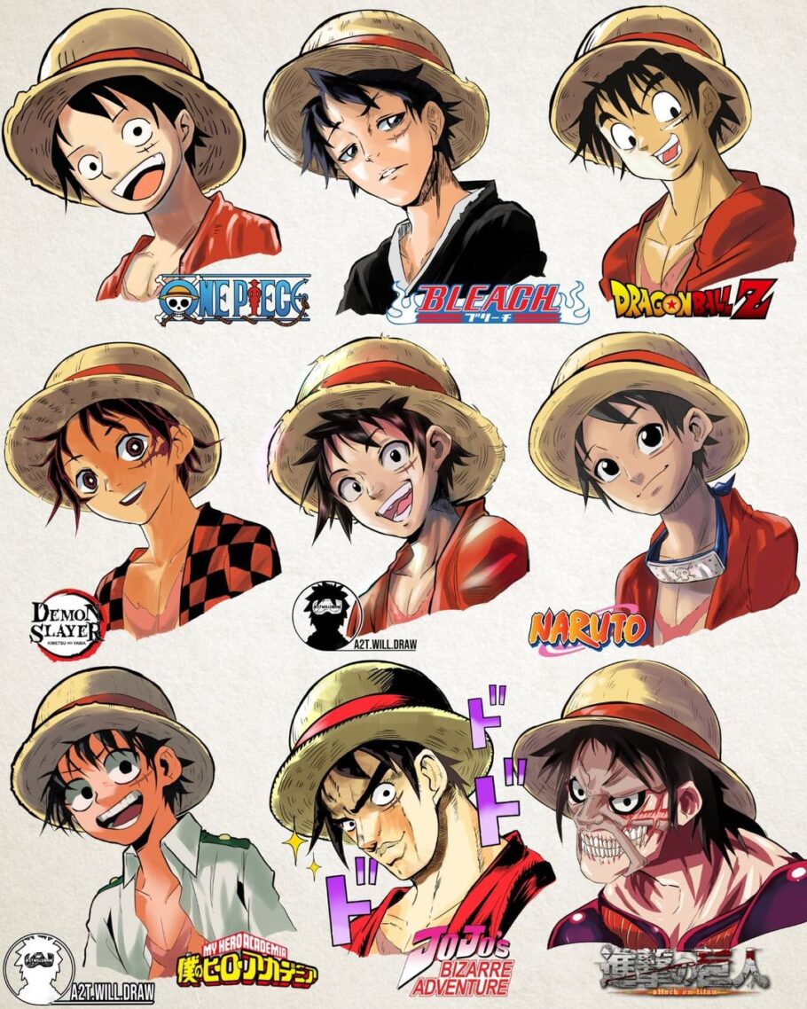 Artista imaginou Luffy de One Piece no estilo de 9 animes diferentes