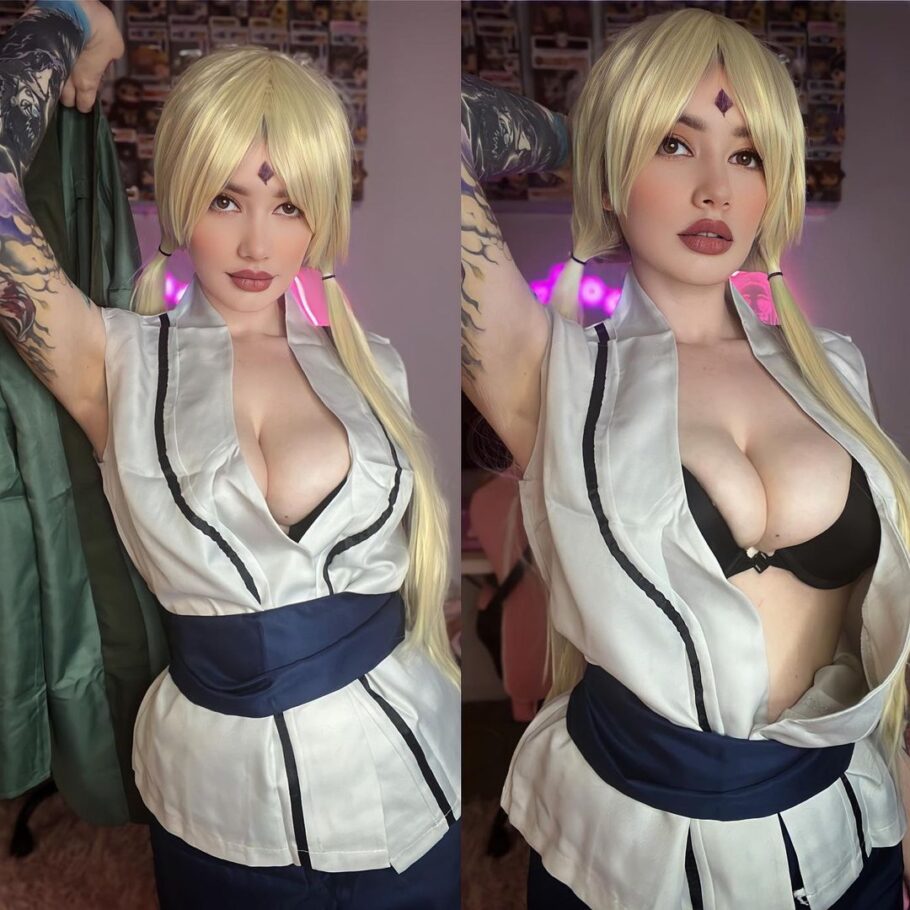 Modelo littlekagesenpai encanta com um ousado cosplay da Tsunade de Naruto