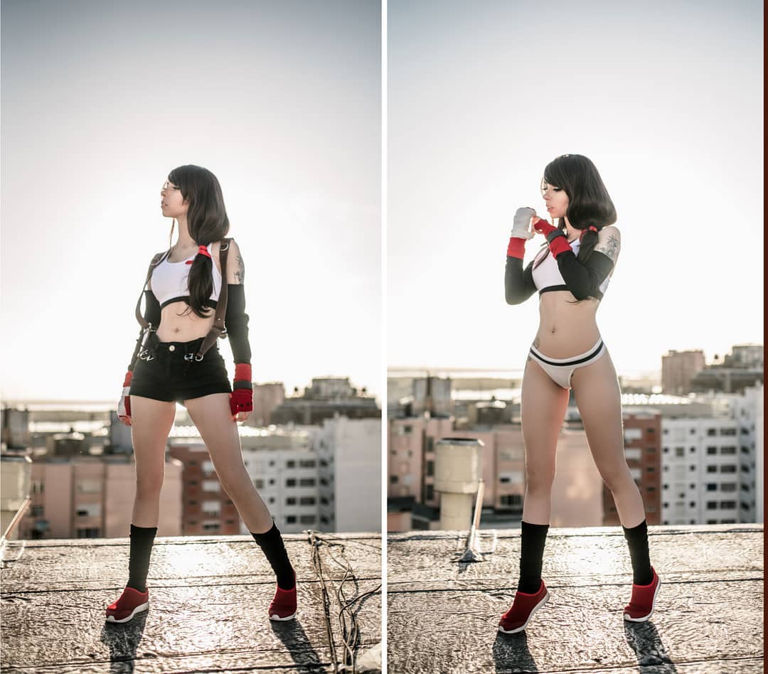 Modelo brilha com icônico e chamativo cosplay da Tifa de Final Fantasy