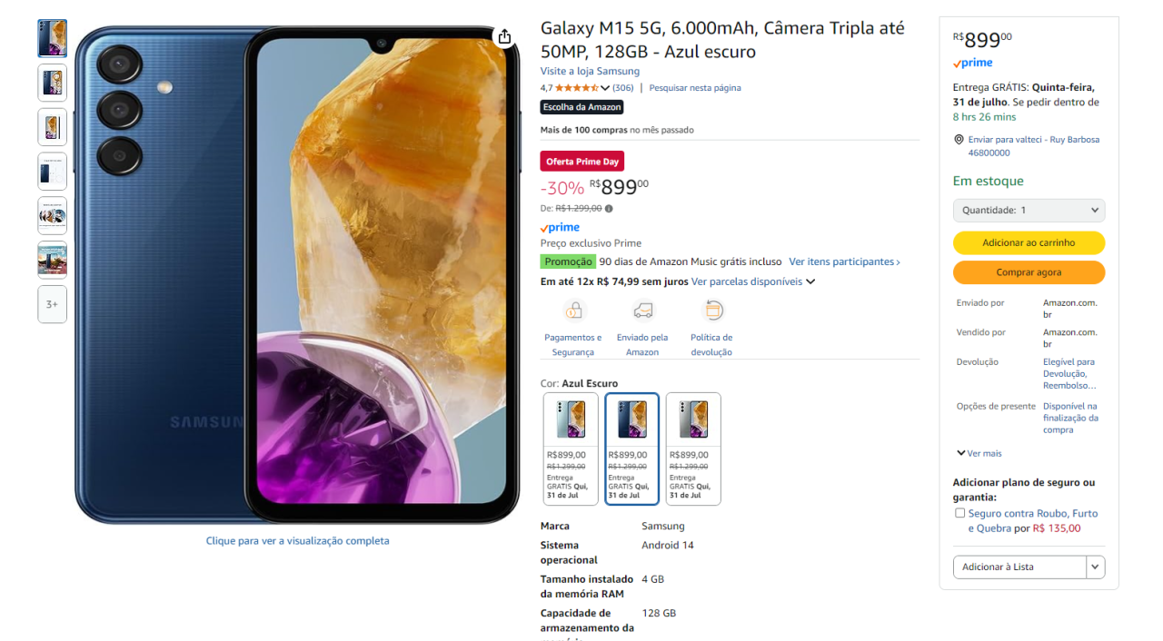 Galaxy M15 5G em promoção no Prime Day da Amazon