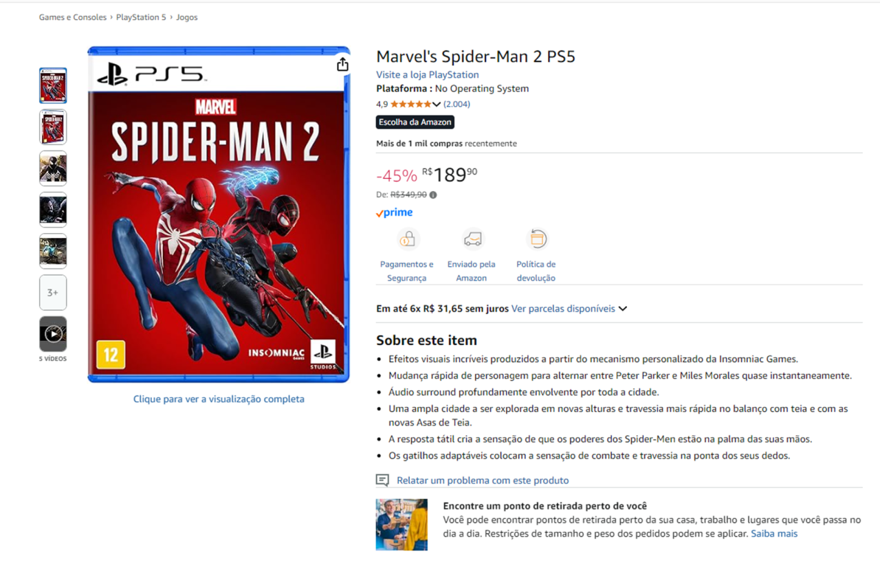Marvel’s Spider-Man 2 com desconto de 45% imperdível em mídia física 