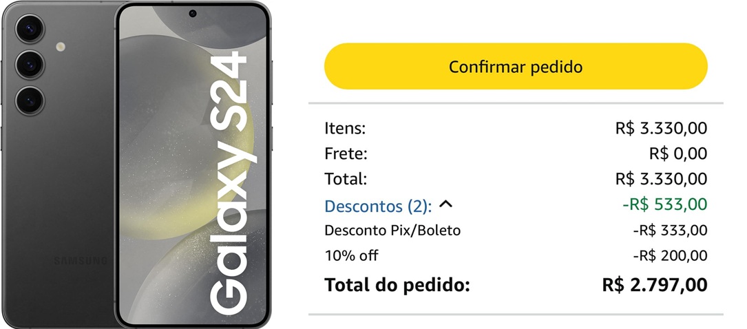 Samsung Galaxy S24 256GB aparece em oferta por R$ 2.798 no Pix
