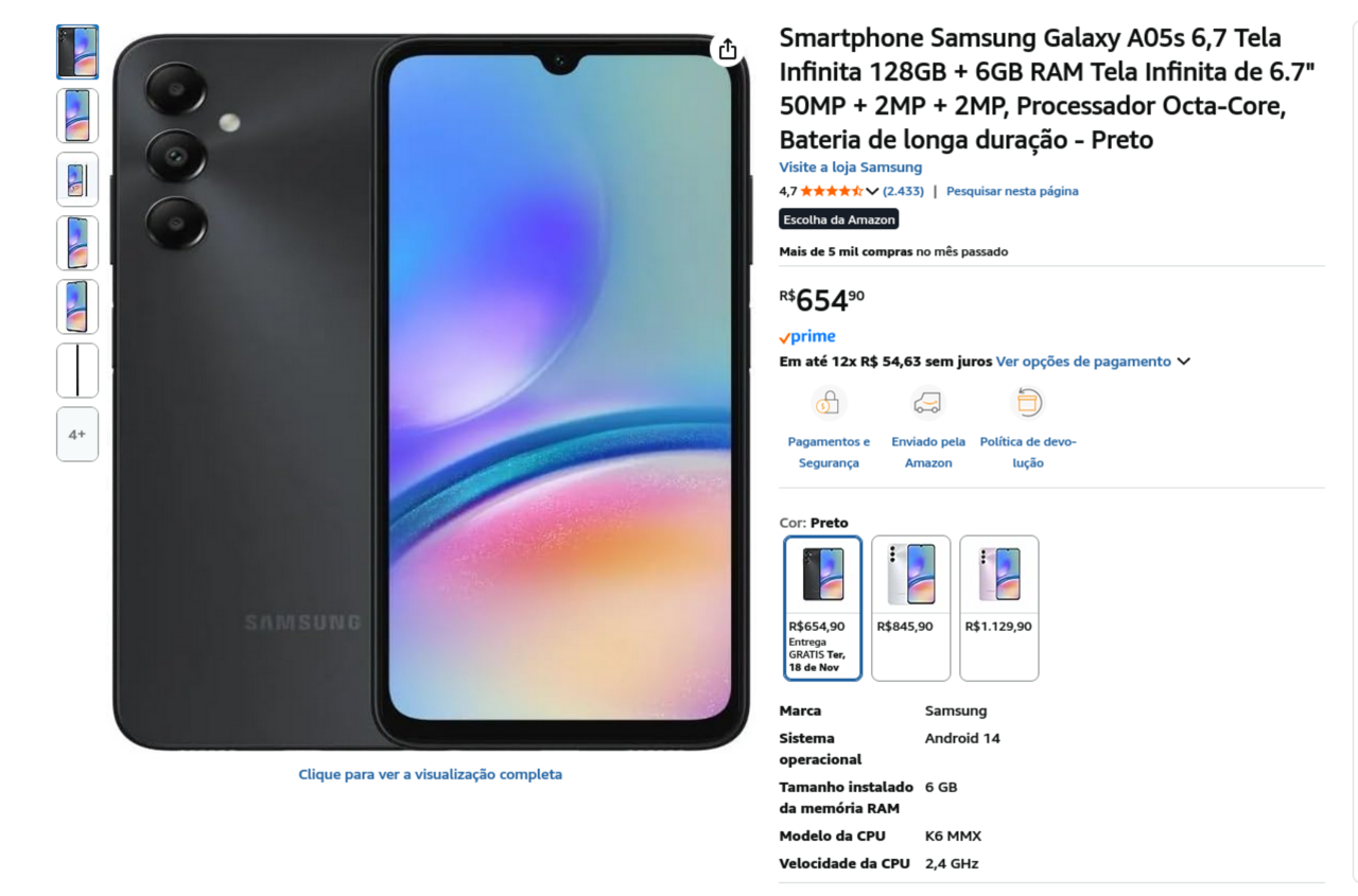 Samsung Galaxy A05s com preço imperdível por R$ 654,90