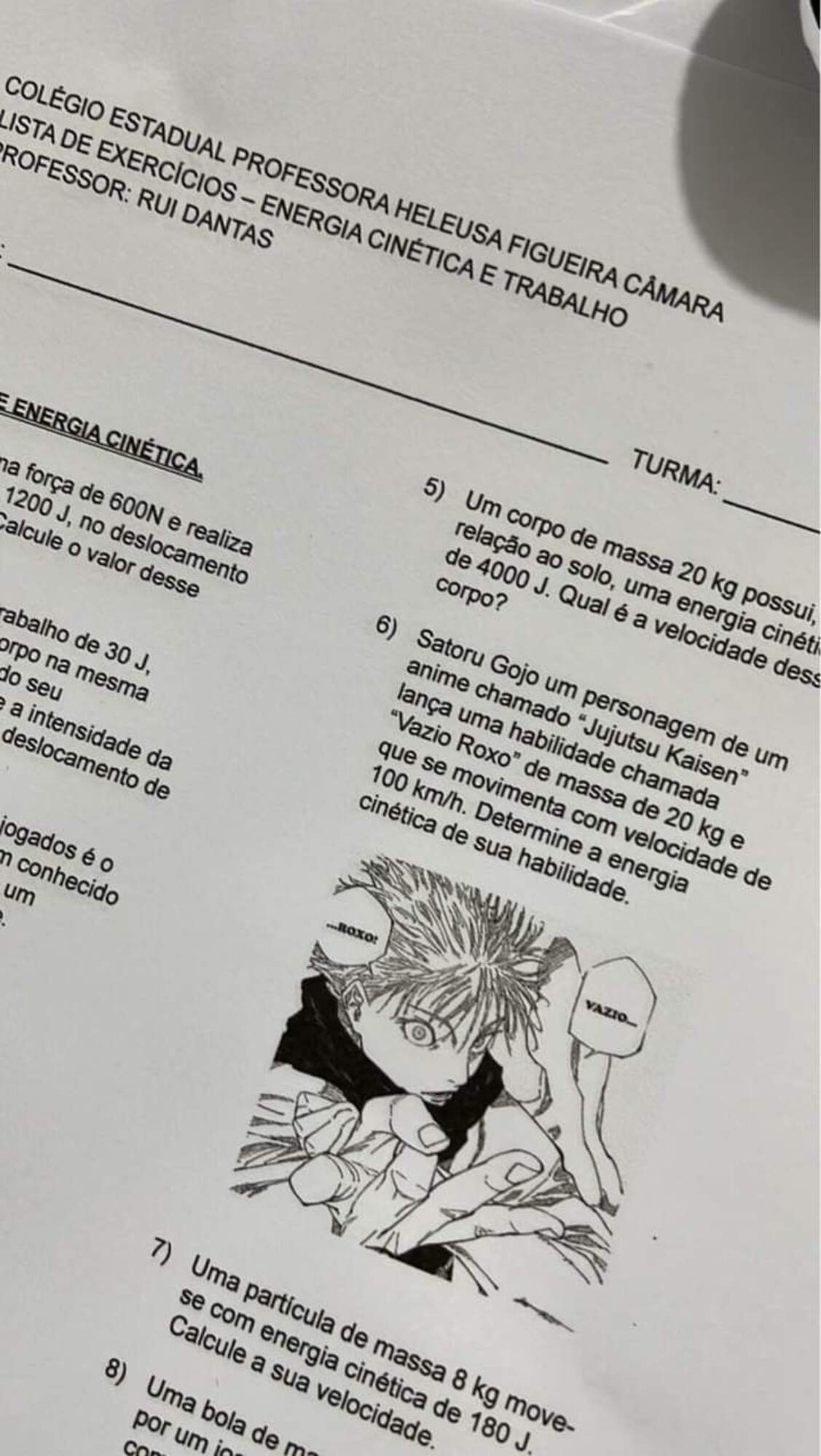 Jujutsu Kaisen - Escola da Bahia aplica prova pedindo para calcular a energia cinética do Vazio Roxo de Gojo 