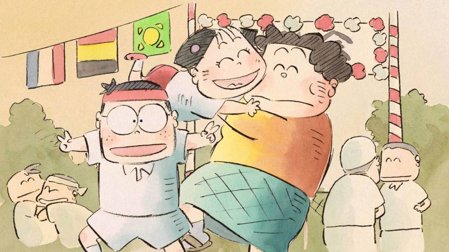 Matsuko comemora com Noboru e Nonoko durante um evento esportivo