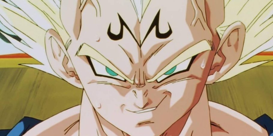 Majin Vegeta encara Goku com um sorriso ameaçador em Dragon Ball Z