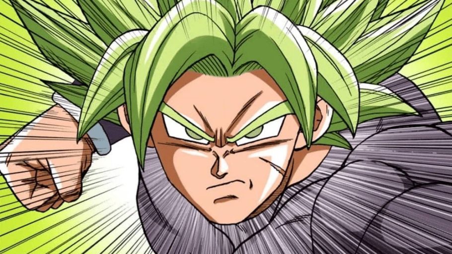 Broly desfere um golpe na forma Super Saiyajin Lendário em Dragon Ball Super