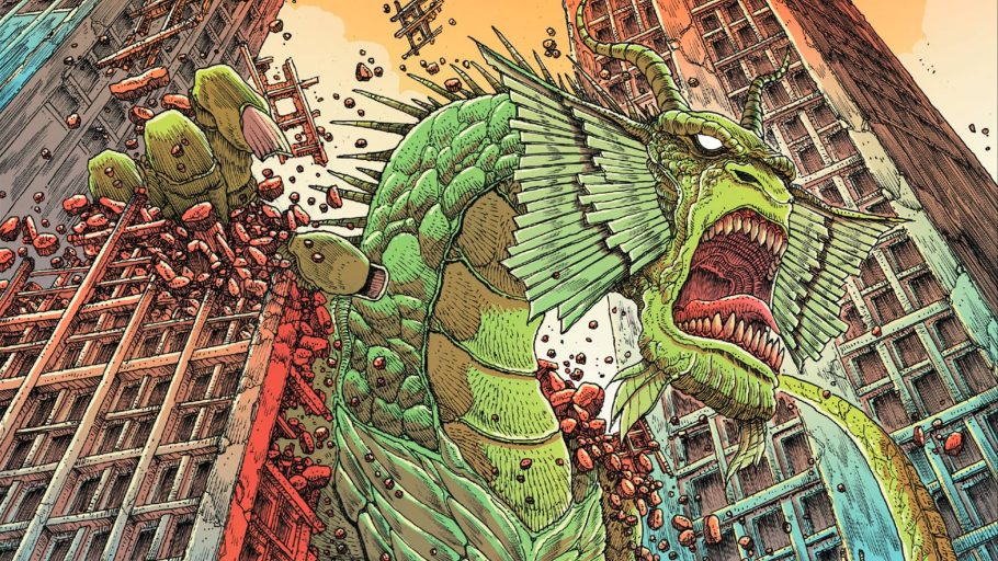 Fin Fang Foom destruindo uma cidade