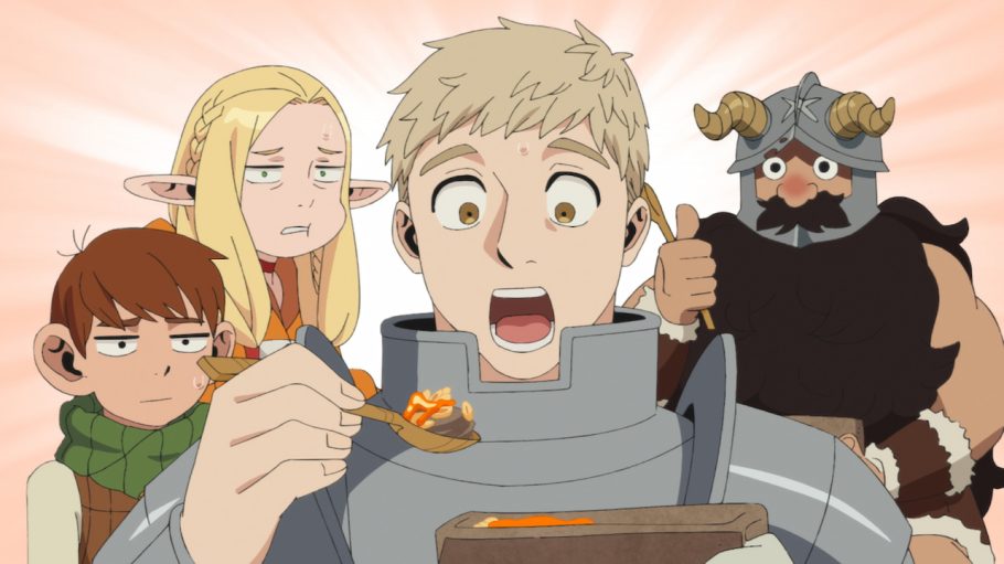 Personagens de Delicious in Dungeon em uma masmorra
