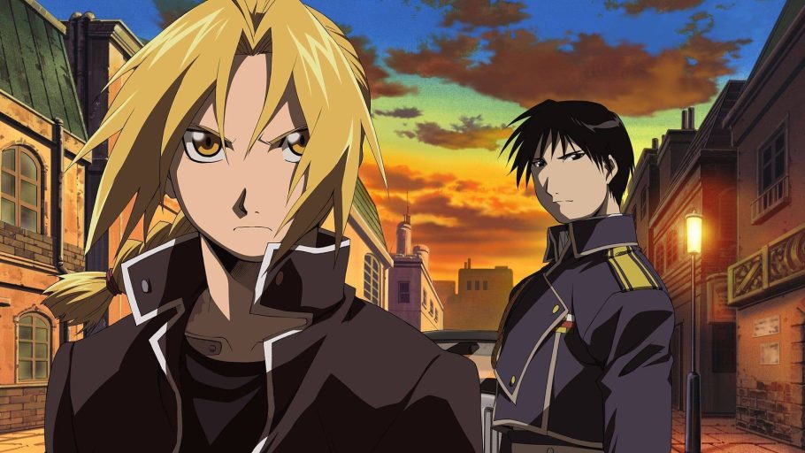 Edward Elric e Roy Mustang juntos ao pôr do sol em Fullmetal Alchemist: Brotherhood