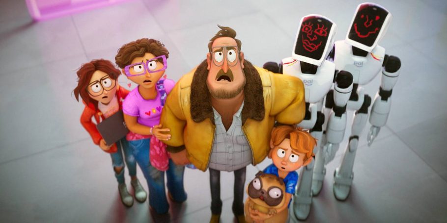 A Família Mitchell observa o céu ao lado de robôs