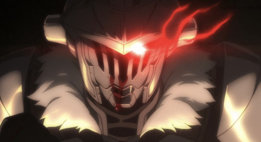 Goblin Slayer usando seu icônico capacete com chifres