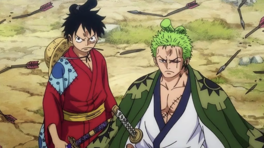 Luffy e Zoro usando trajes do arco de Wano em One Piece