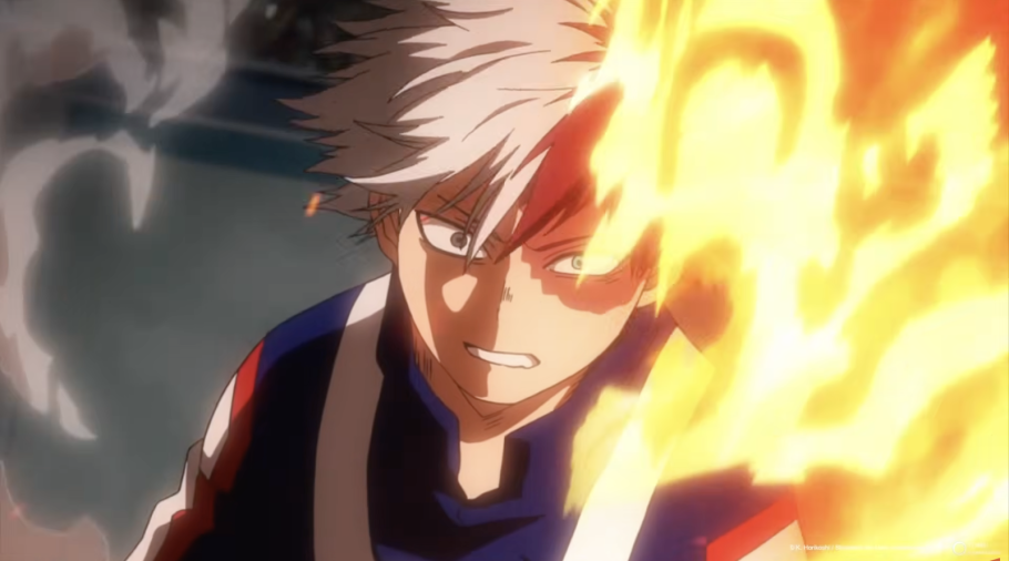 Shoto Todoroki usando sua individualidade de fogo