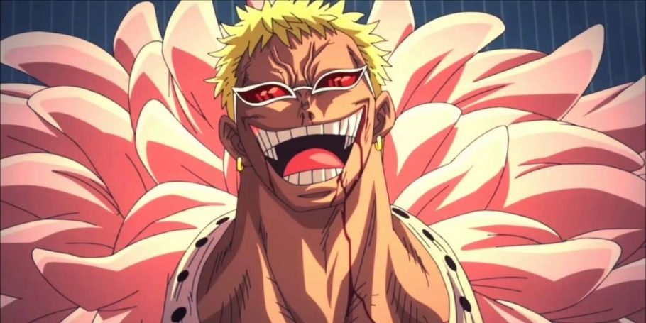 Doflamingo ri durante sua luta contra Luffy em One Piece