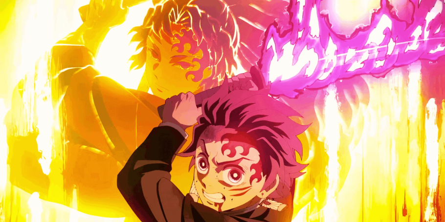 Tanjiro segurando sua espada enquanto Yoriichi aparece ao fundo