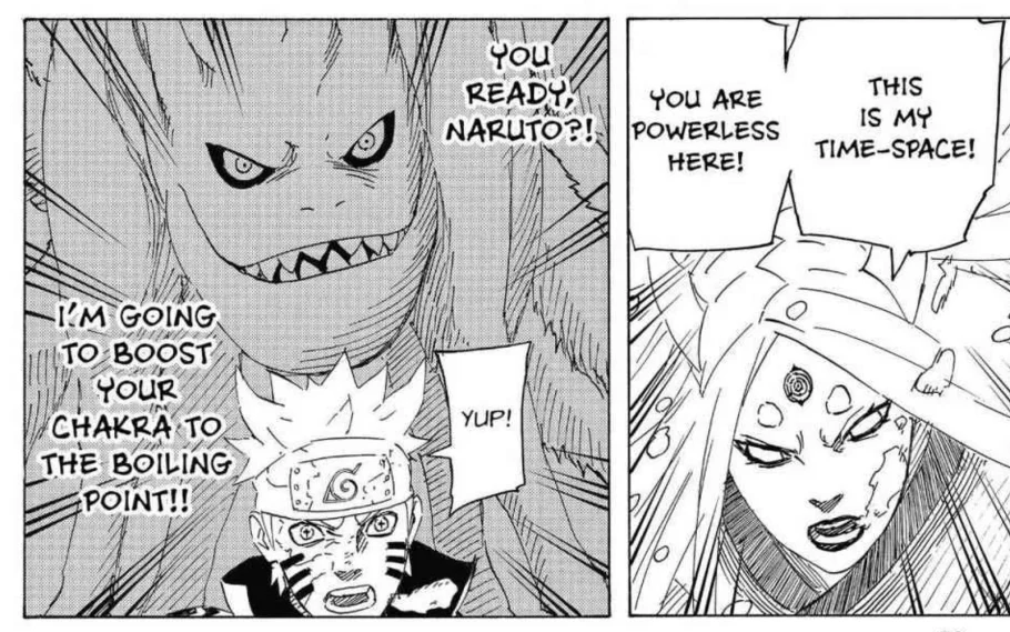Naruto combina seu chakra com Kokuō para usar o Estilo Ebulição contra Kaguya