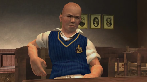 Jimmy Hopkins sentado em uma sala de aula de Bully