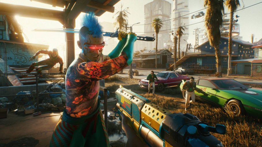 V usando duas pistolas ao lado de Weak Kingsley em Cyberpunk 2077