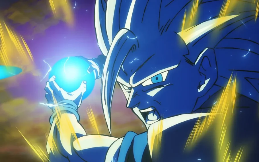 Goku concentra energia para disparar um Kamehameha