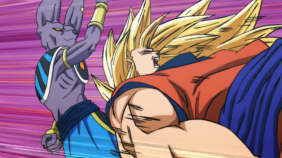 Beerus enfrentando Goku como Super Saiyajin 3