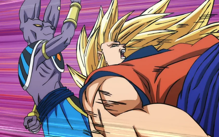 Beerus diante de Goku transformado em Super Saiyajin 3