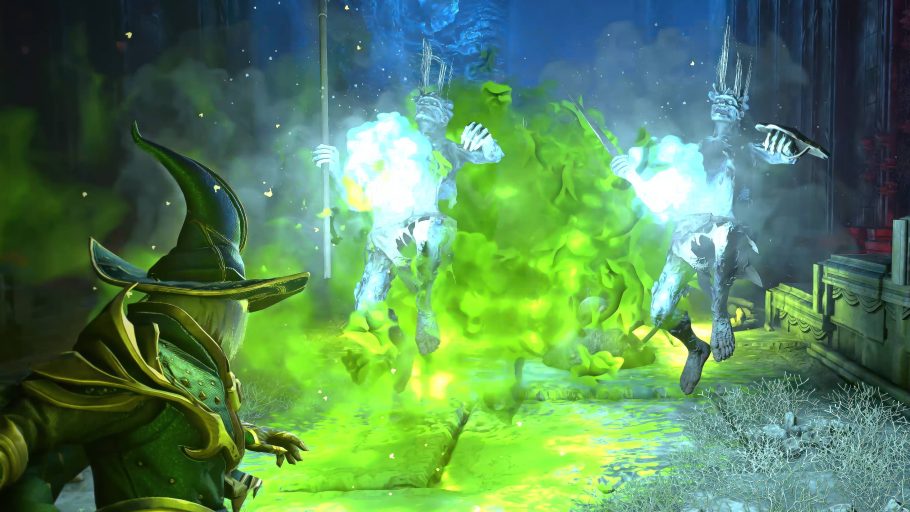 Mago lançando um feitiço verde em Enshrouded