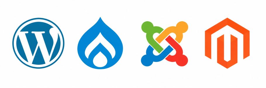 Logotipos de WordPress, Drupal, Joomla e Magento