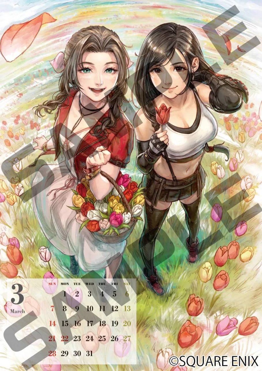 Página de março do calendário de Final Fantasy 2027 com Aerith e Tifa