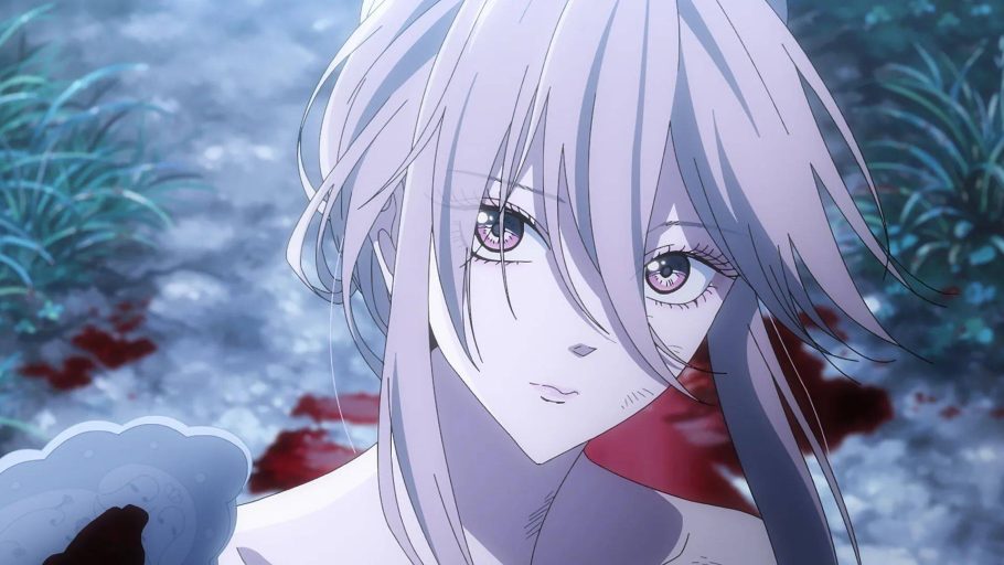 Satoko aparece com sangue ao fundo em Firefly Wedding
