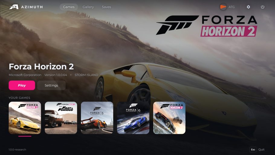 Launcher de Forza Horizon 2 exibindo um carro esportivo amarelo e opções para iniciar o jogo