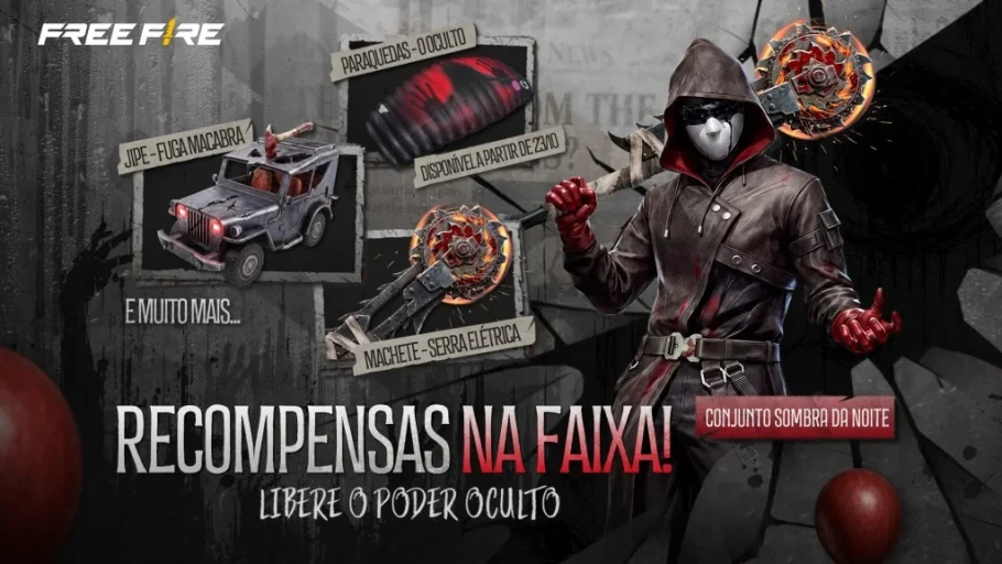 Arte de Halloween de Free Fire com traje, jipe e machete