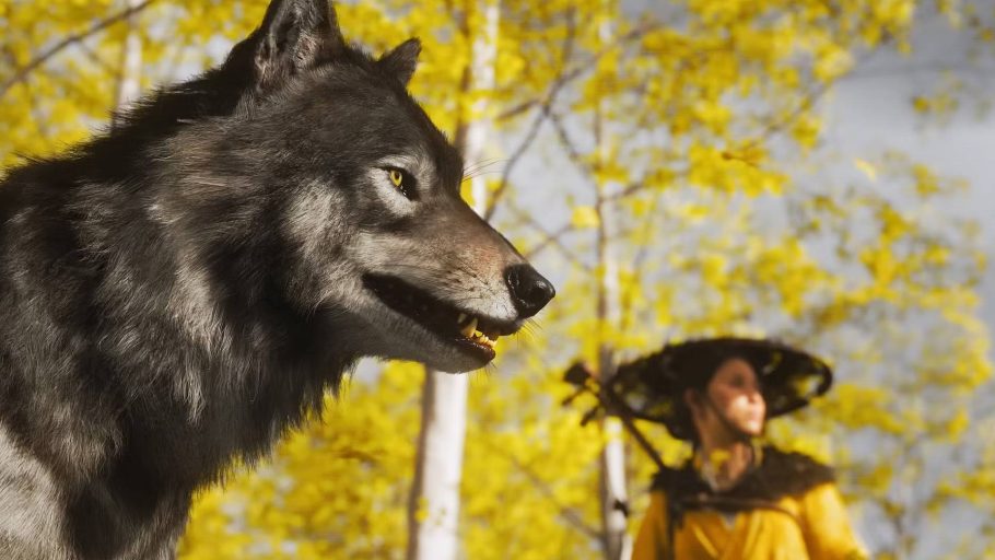 Atsu e seu lobo em uma floresta de Ginkgo em Ghost of Yotei