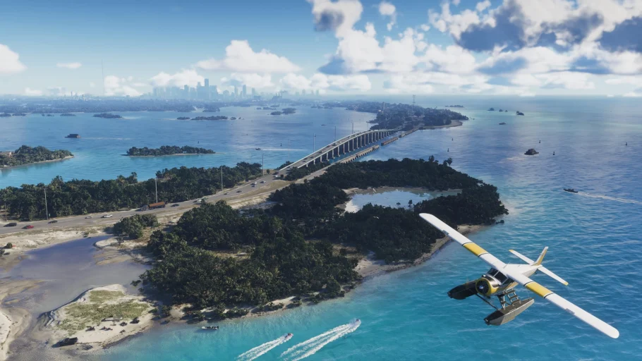 Hidroavião sobrevoando as ilhas de Leonida Keys em GTA 6