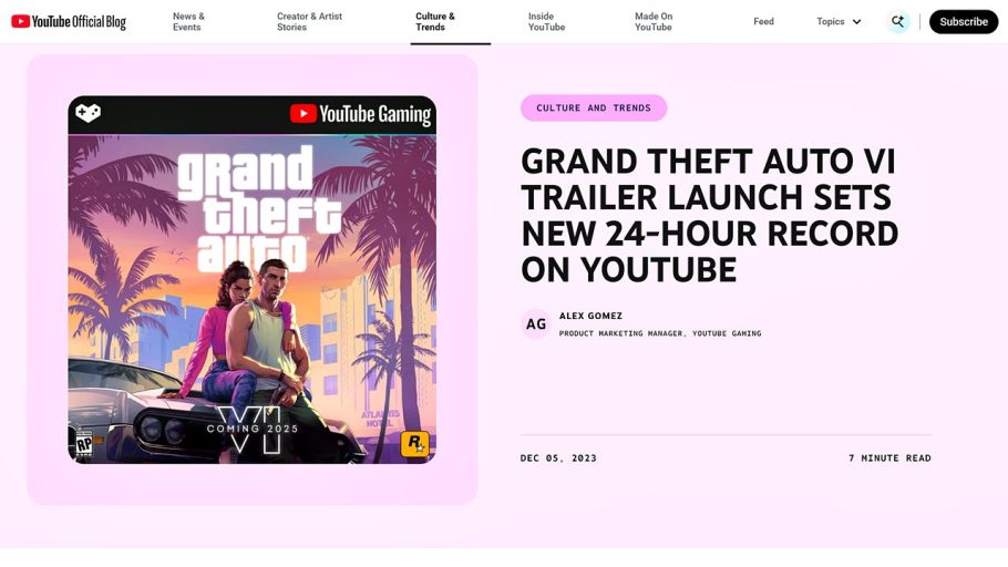 Página oficial do YouTube Blog sobre o recorde de estreia do trailer de GTA 6