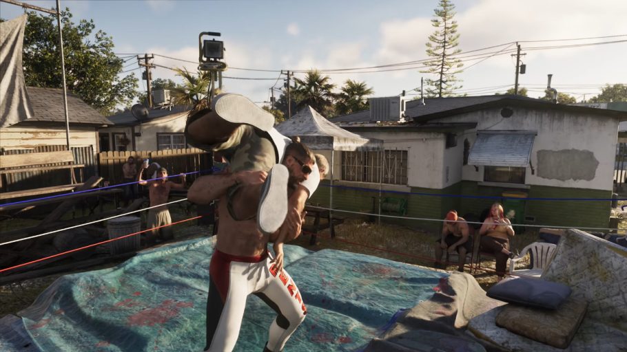 Jason lutando com um wrestler em GTA 6